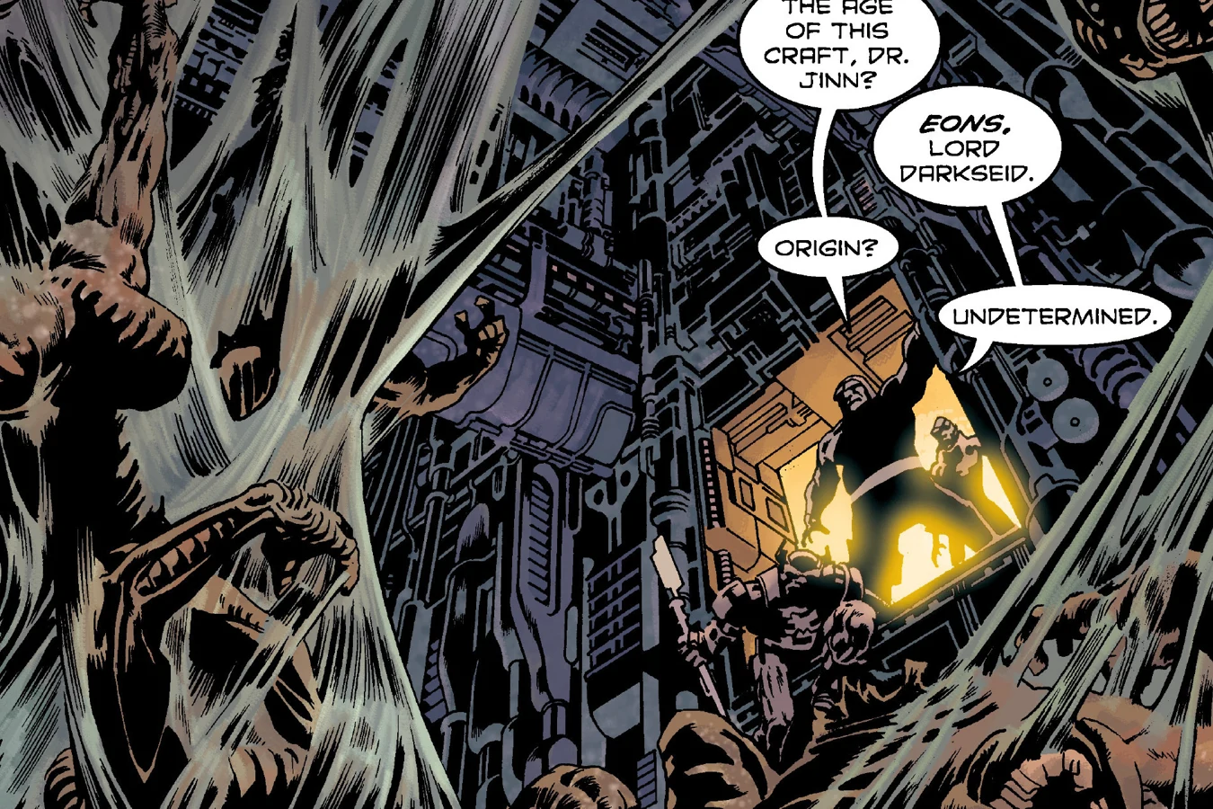 Darkseid and Dr. Jinn entering the resin-covered hold of the derelict craft in Superman vs. Aliens II: God War
