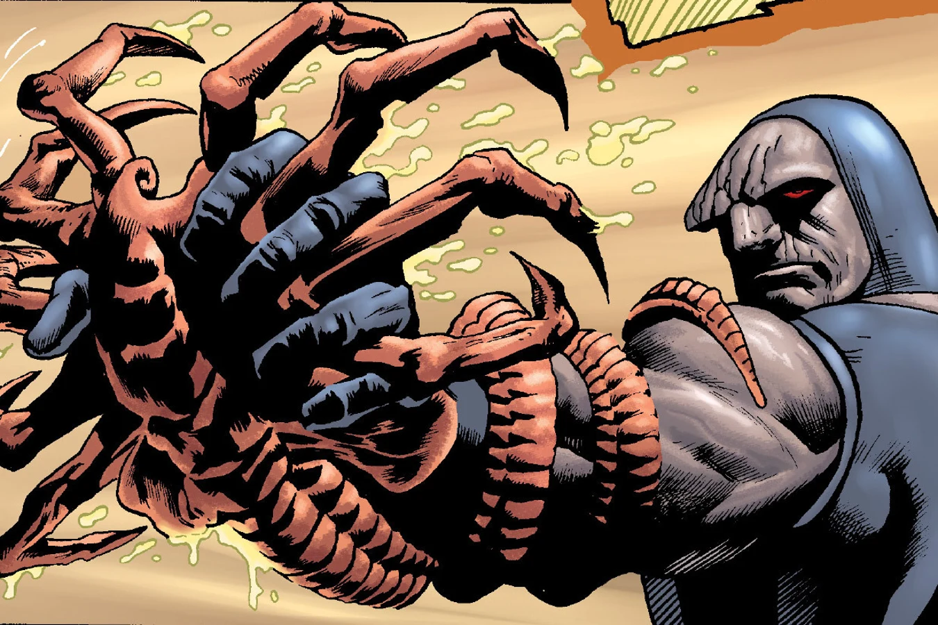 A Facehugger leaping from its egg and wrapping around Darkseid's arm in Superman vs. Aliens II: God War