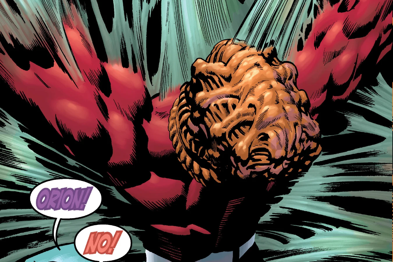 A Facehugger clamped over Orion's face as Superman and Big Barda arrive in Superman vs. Aliens II: God War