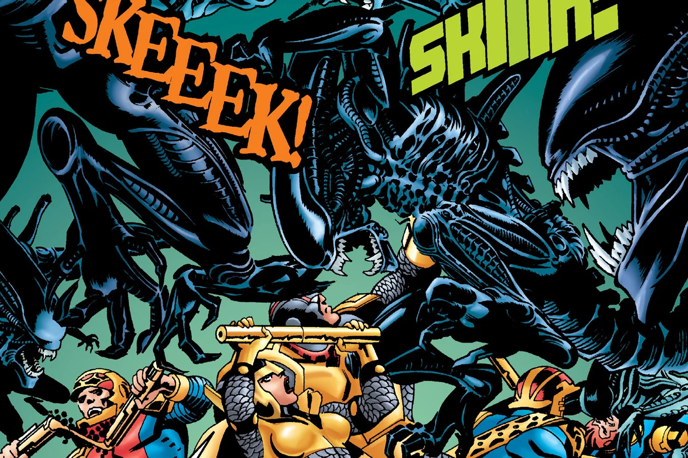 Adult Xenomorphs that hatched from the infected Parademons swarming down on Big Barda and the warriors of New Genesis in Superman vs. Aliens II: God War