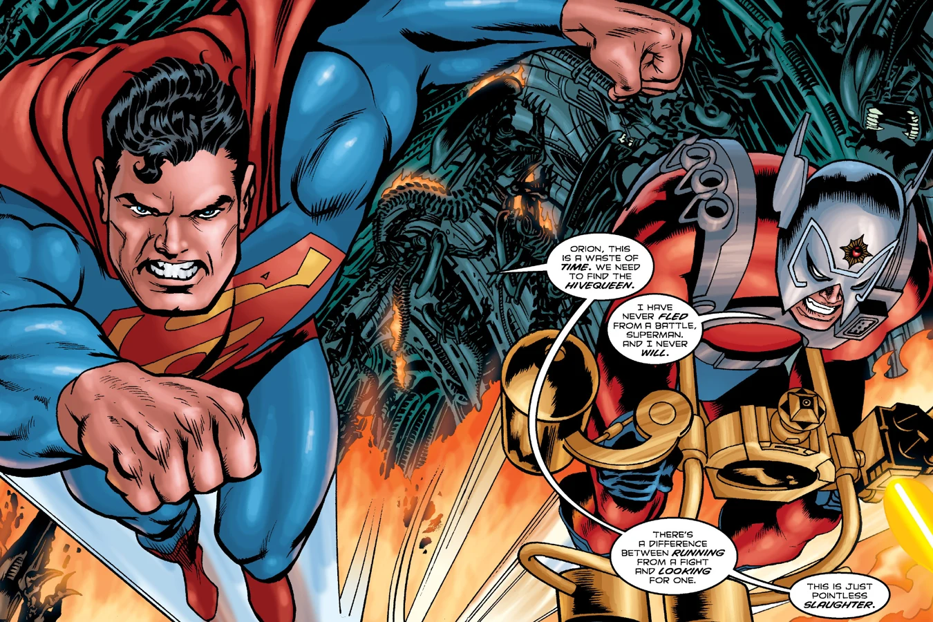 Superman and Orion charging through a burning hive full of Xenomorphs on Apokolips in Superman vs. Aliens II: God War