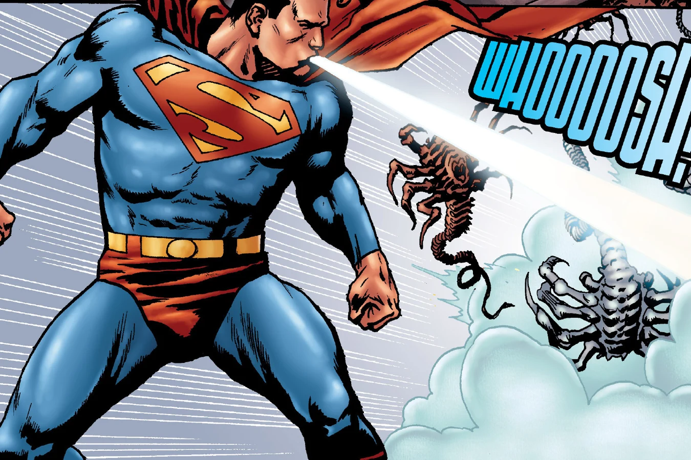 Superman freezing a cloud of Facehuggers with his breath on Apokolips in Superman vs. Aliens II: God War