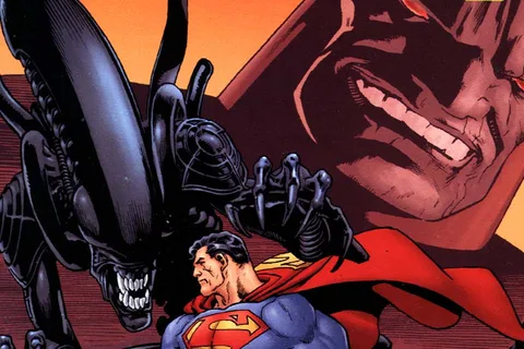 Jon Bogdanove and Kevin Nowlan's cover for Superman/Aliens II: God War #1, Superman standing in front of a Xenomorph with Darkseid's face looming behind them