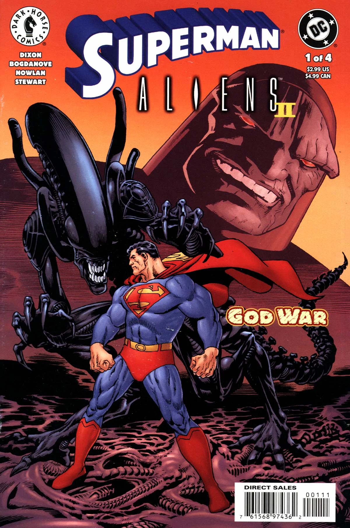 Jon Bogdanove and Kevin Nowlan's cover for Superman/Aliens II: God War #1, Superman standing in front of a Xenomorph with Darkseid's face looming behind them