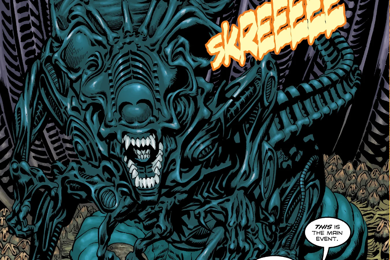 The Xenomorph Queen rising over her eggs as Superman and Orion reach her chamber in Superman vs. Aliens II: God War