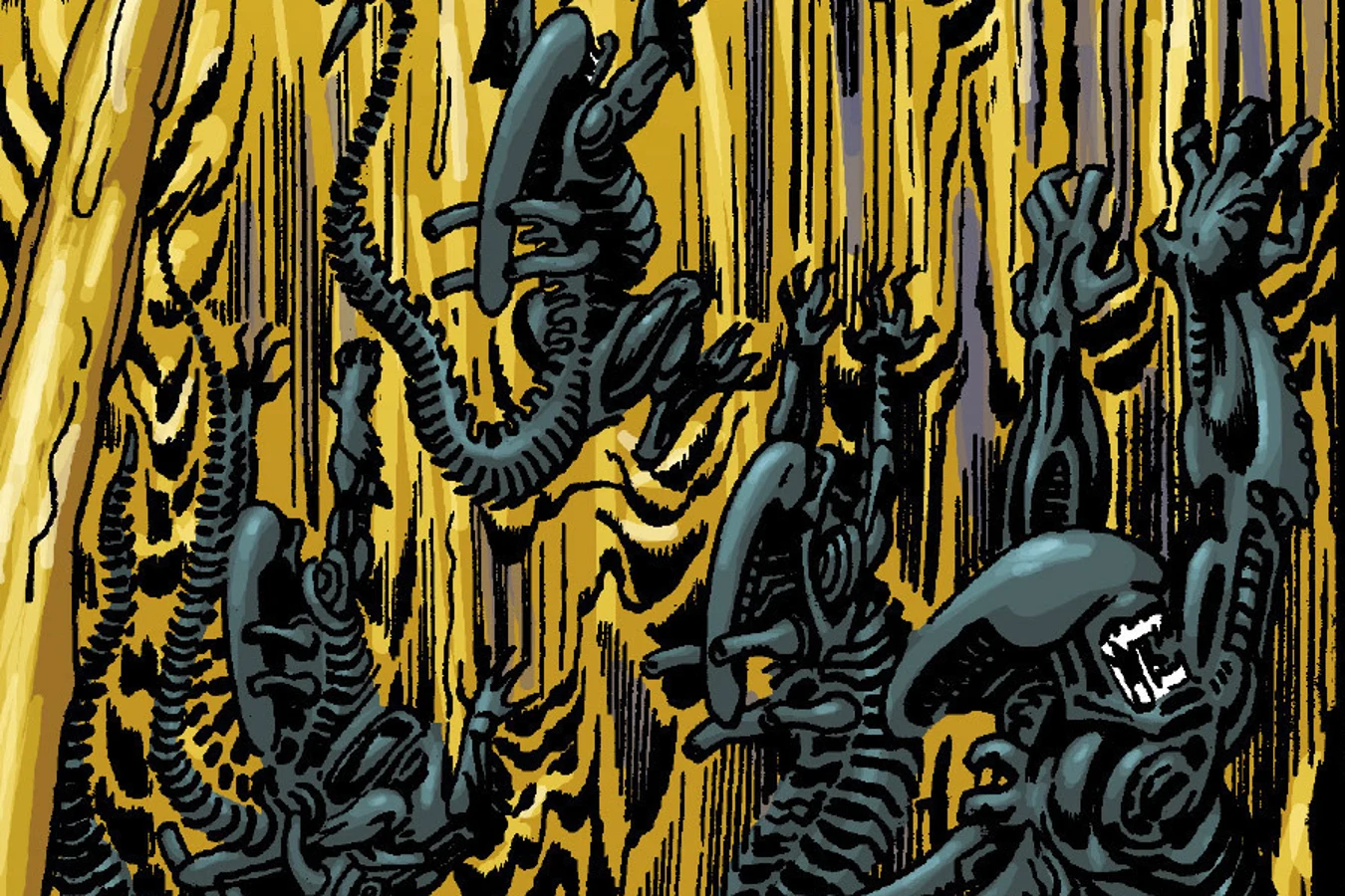 Xenomorphs sliding helplessly down walls coated in frictionless beetle fluid in Superman vs. Aliens II: God War