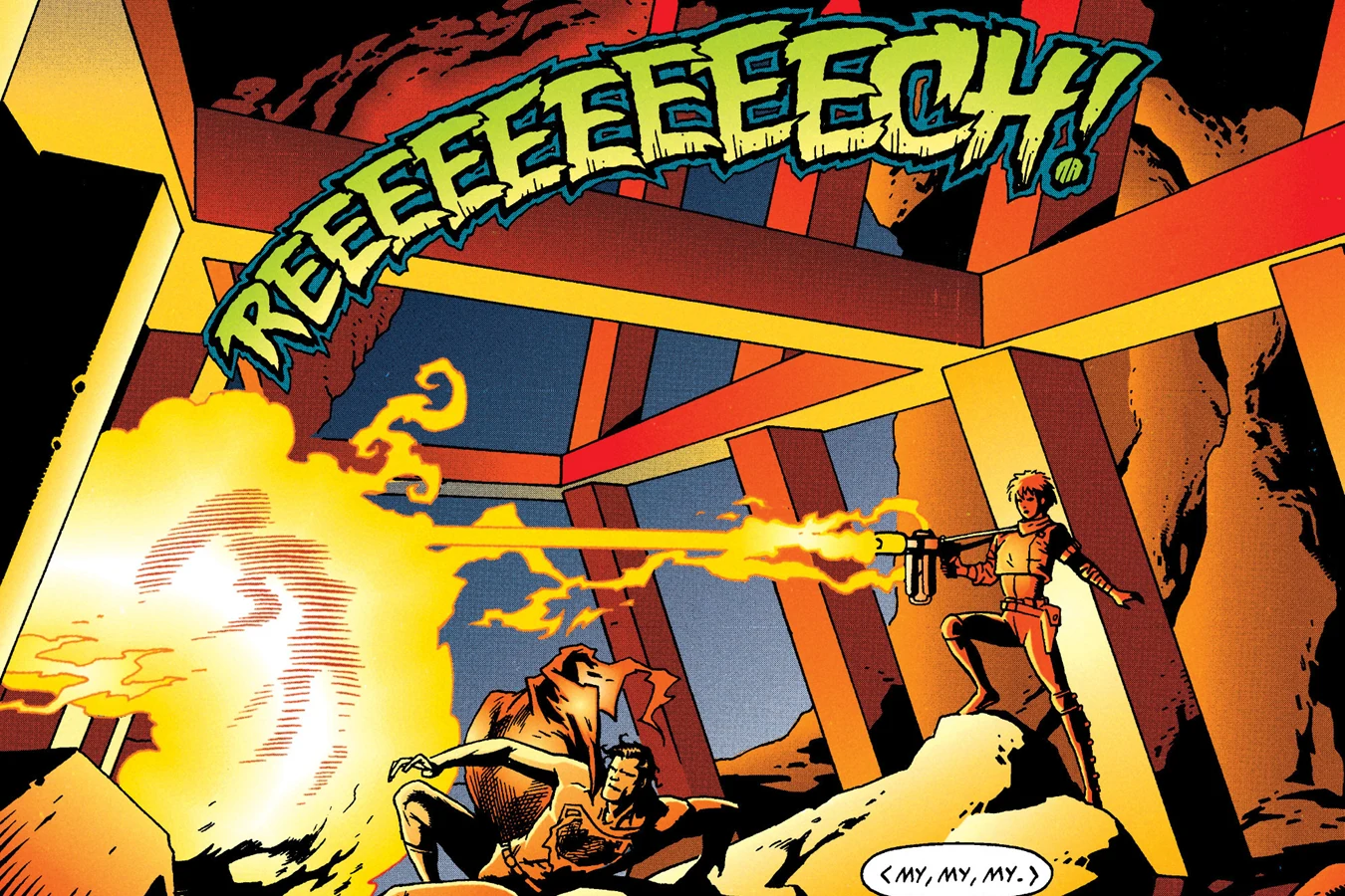 Kara firing her flamethrower at a Xenomorph among the girders as the wounded Superman lies below in Superman vs. Aliens
