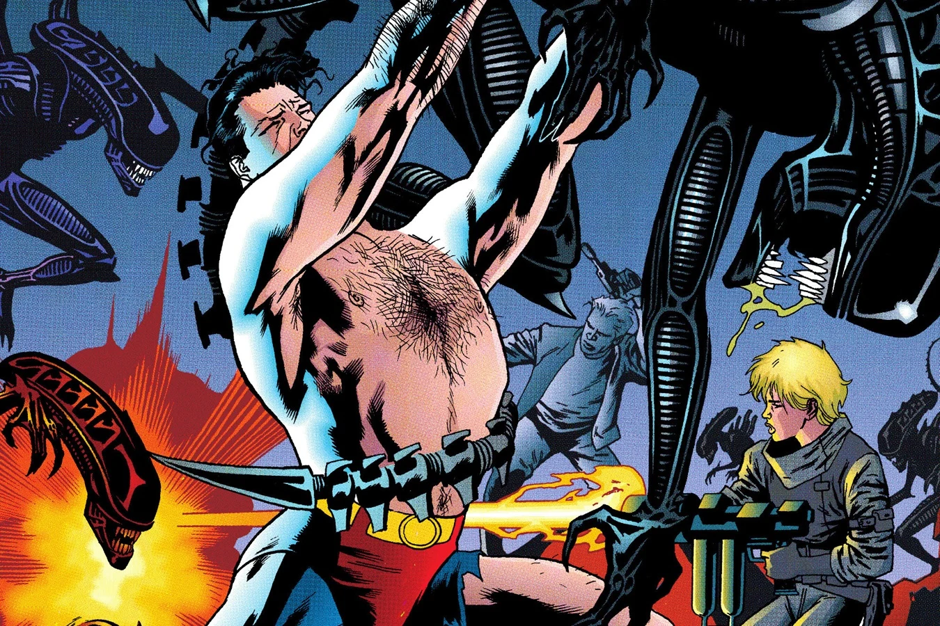 A shirtless Superman fighting the Xenomorphs with his bare hands beside Kara and her flamethrower at the Box in Superman vs. Aliens