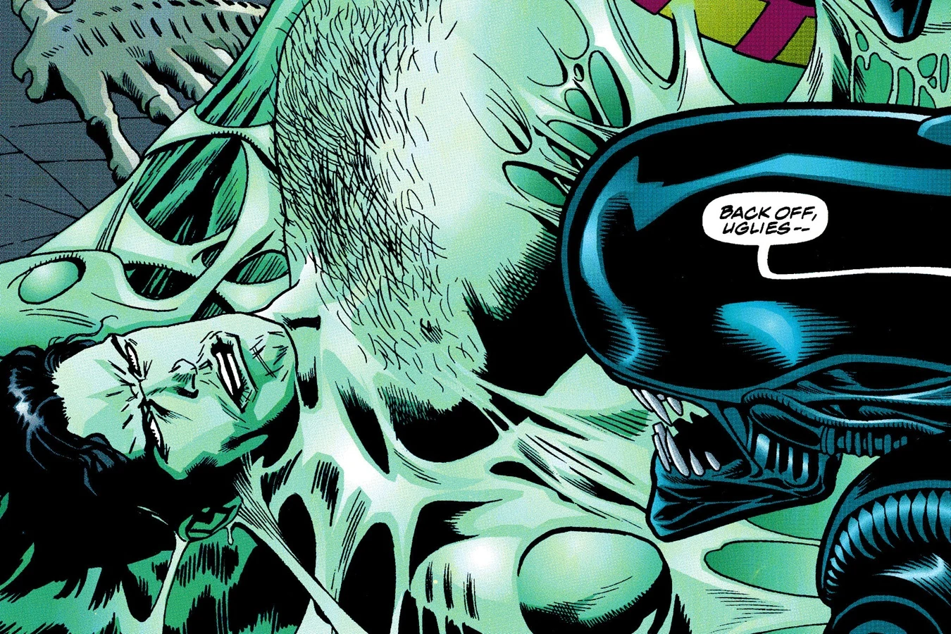 Superman cocooned in the green resin of the hive as a Xenomorph looms over him in Superman vs. Aliens