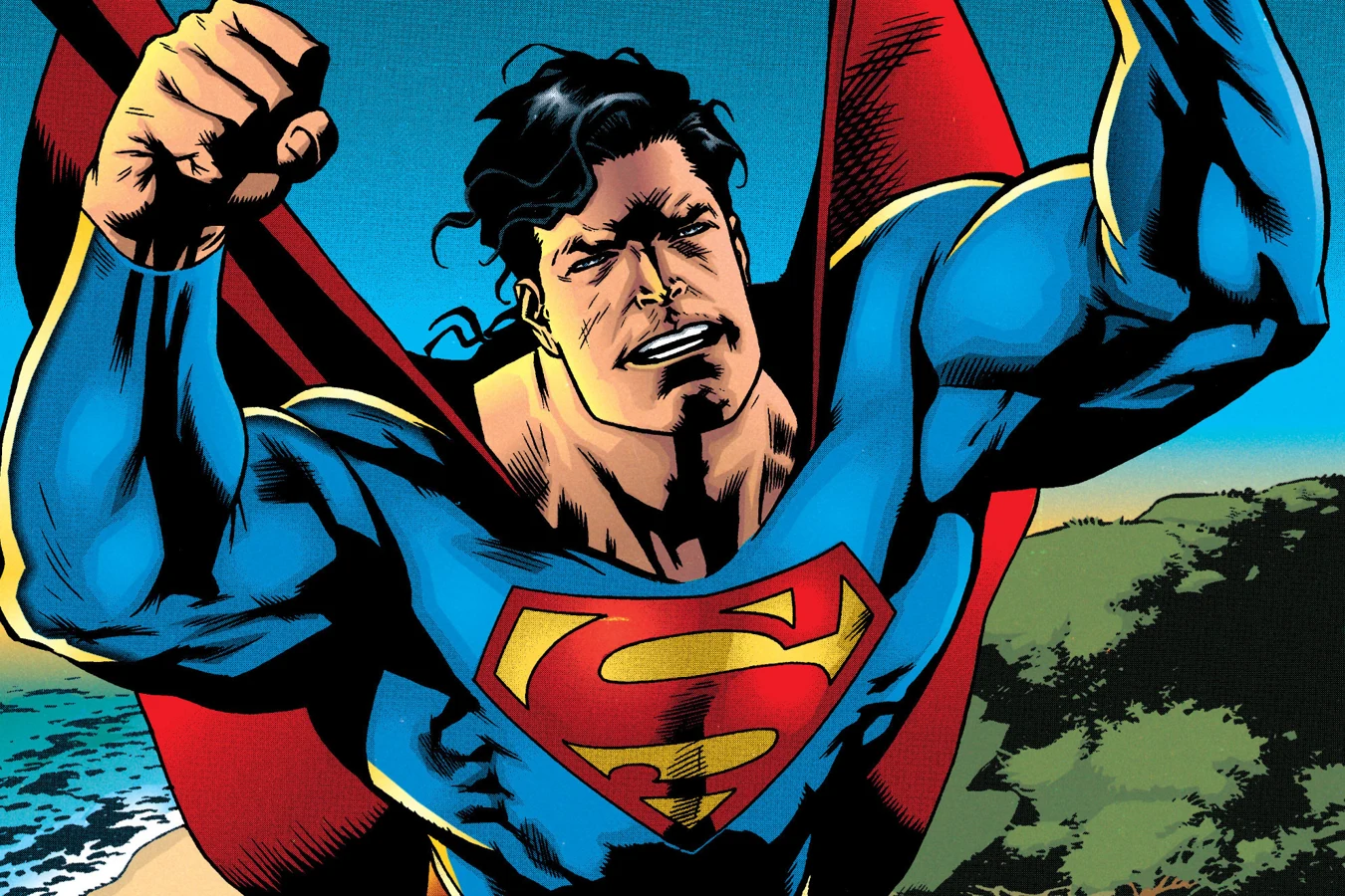 Superman flying over the beach beside the grounded LexCorp helicopter in Superman vs. Aliens