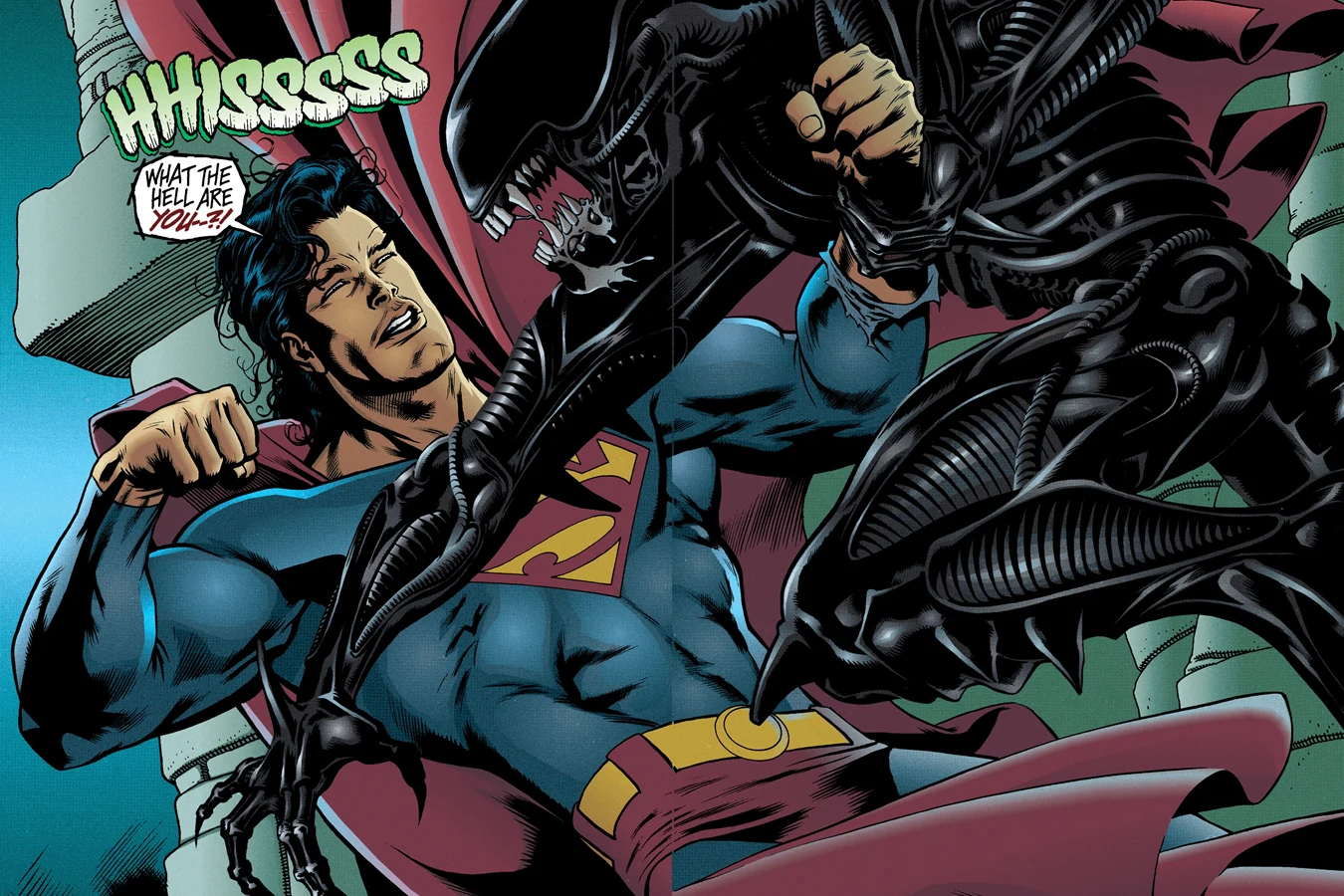 Superman grappling the first Xenomorph he met in the cavern under Argo City in Superman vs. Aliens