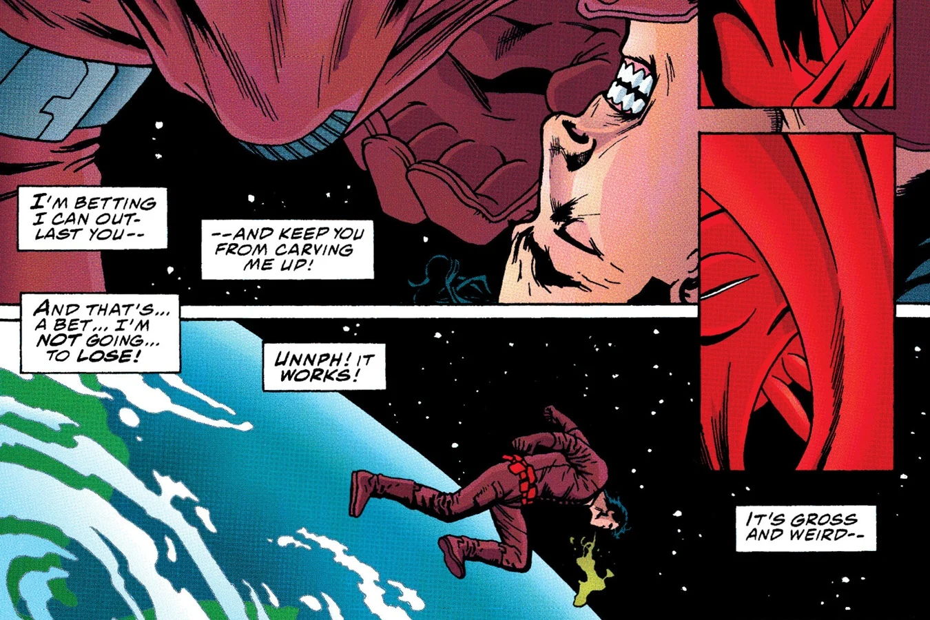 Superman gritting his teeth against the Queen embryo, then regurgitating it as he floats above Earth in Superman vs. Aliens