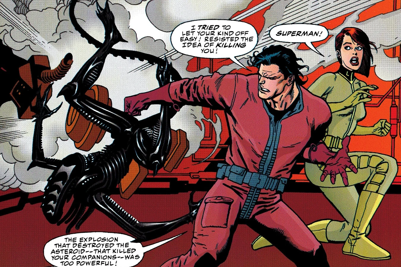 Superman throwing the last Xenomorph across LEXPORT as Lois Lane looks on in Superman vs. Aliens