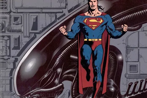 Dan Jurgens and Kevin Nowlan's cover for the Superman vs. Aliens trade paperback, Superman flying above a Xenomorph