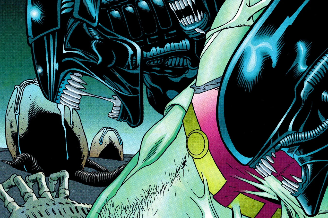 Superman bound in resin among the Xenomorphs of the hive in Superman vs. Aliens