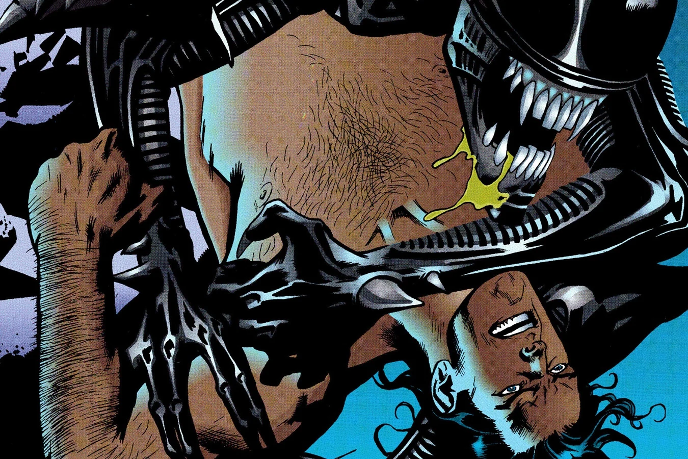 A drooling Xenomorph seizing the weakened, shirtless Superman in the ruins of Argo City in Superman vs. Aliens