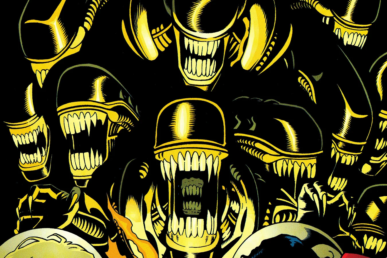 A swarm of Xenomorphs closing in on Superman and Kara in their space suits in Superman vs. Aliens