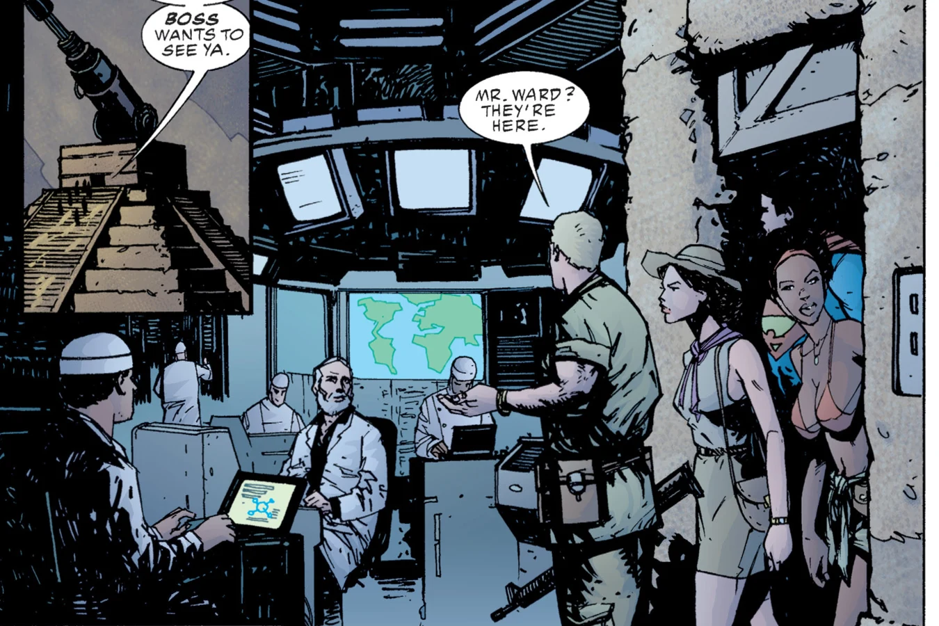 Skane leading the captives into Solomon Ward's control room under the mountain in Superman vs. Predator