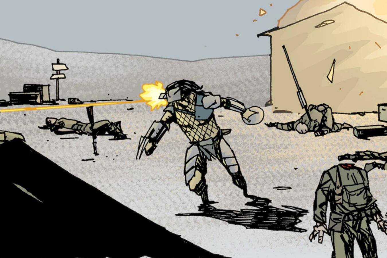 A Predator attacking an American military camp in the desert during Casey Trabor's memory in Superman vs. Predator