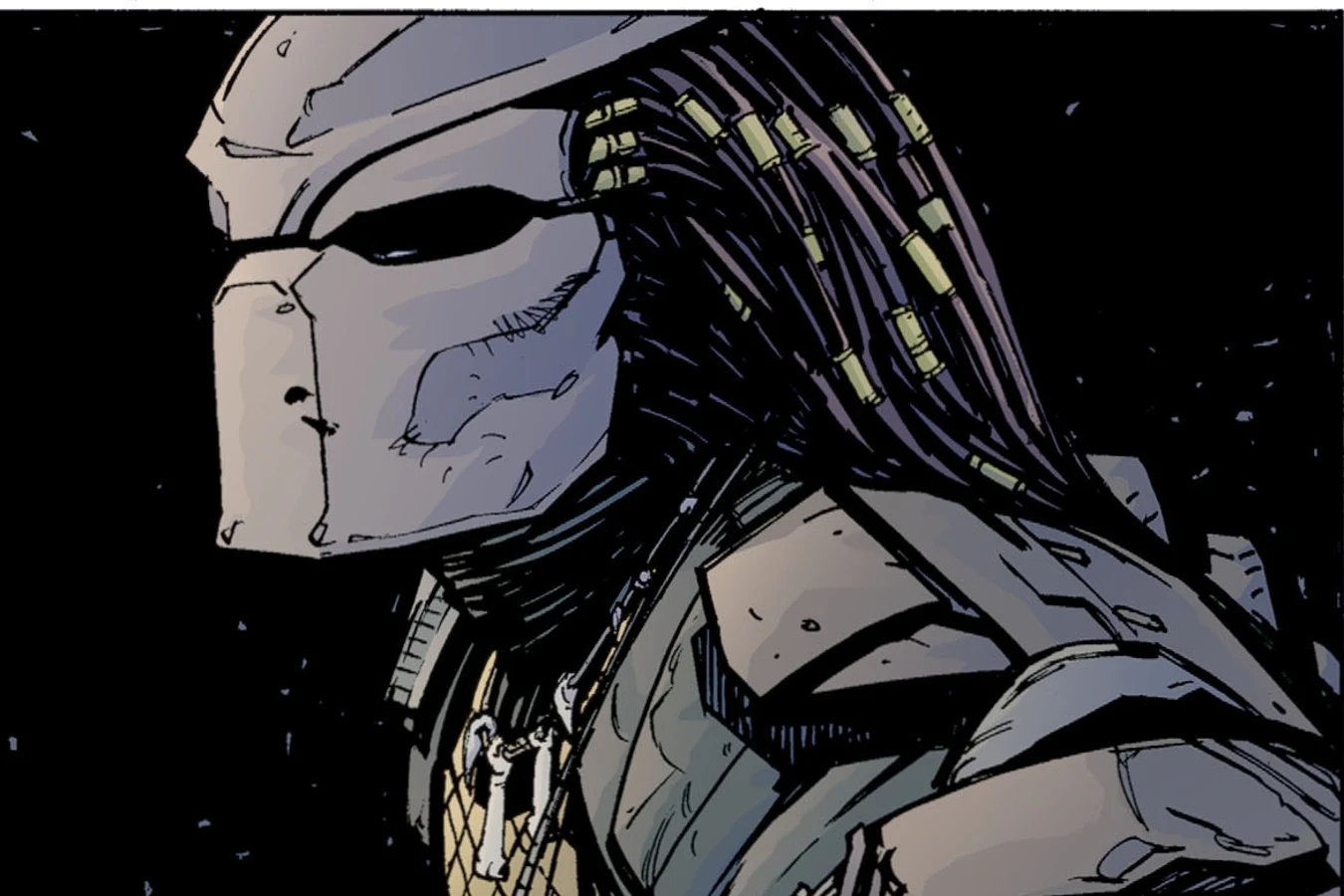 The Predator watching from the dark at the entrance to Ward's mountain stronghold in Superman vs. Predator