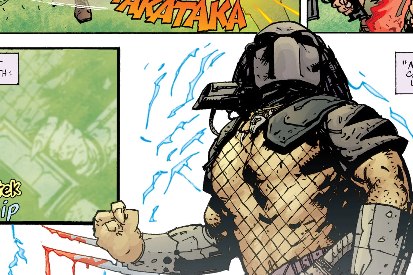 The Predator decloaking with bloody wristblades after killing Ward's men at the alien ship in Superman vs. Predator