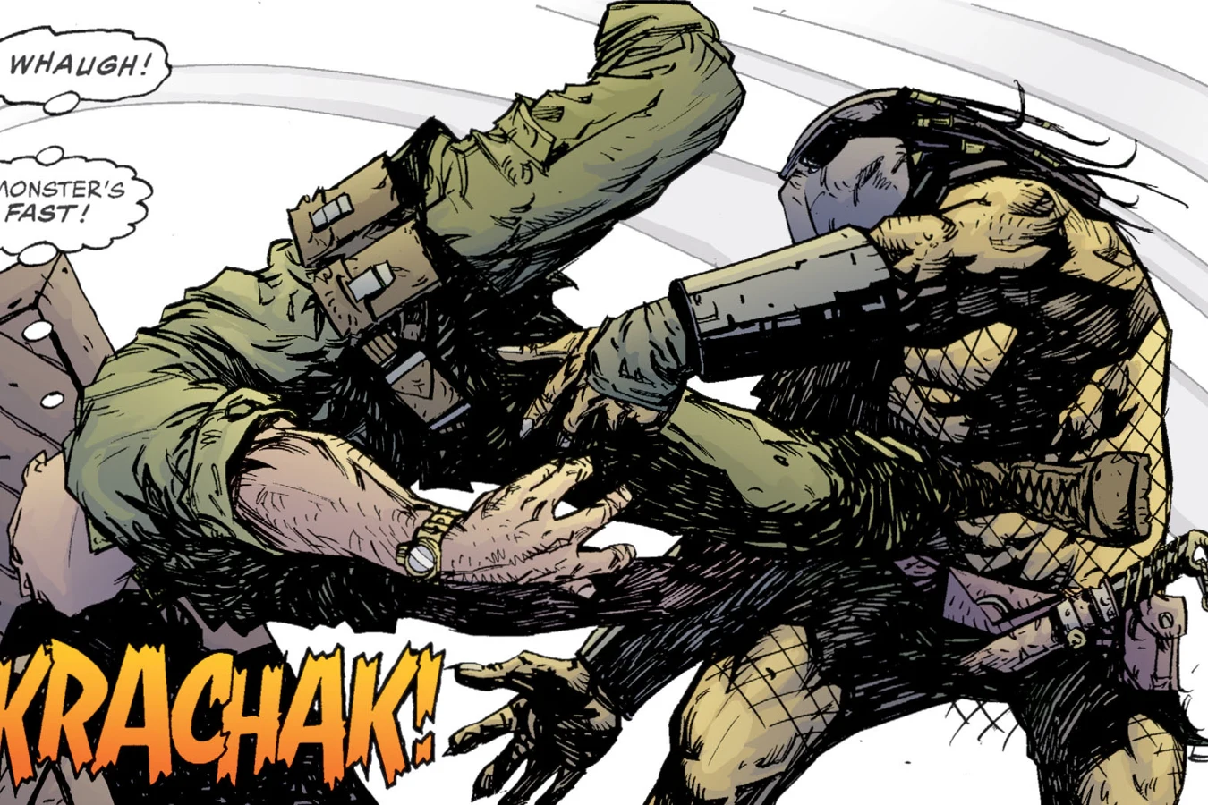 The Predator seizing one of Ward's mercenaries in the motor pool in Superman vs. Predator