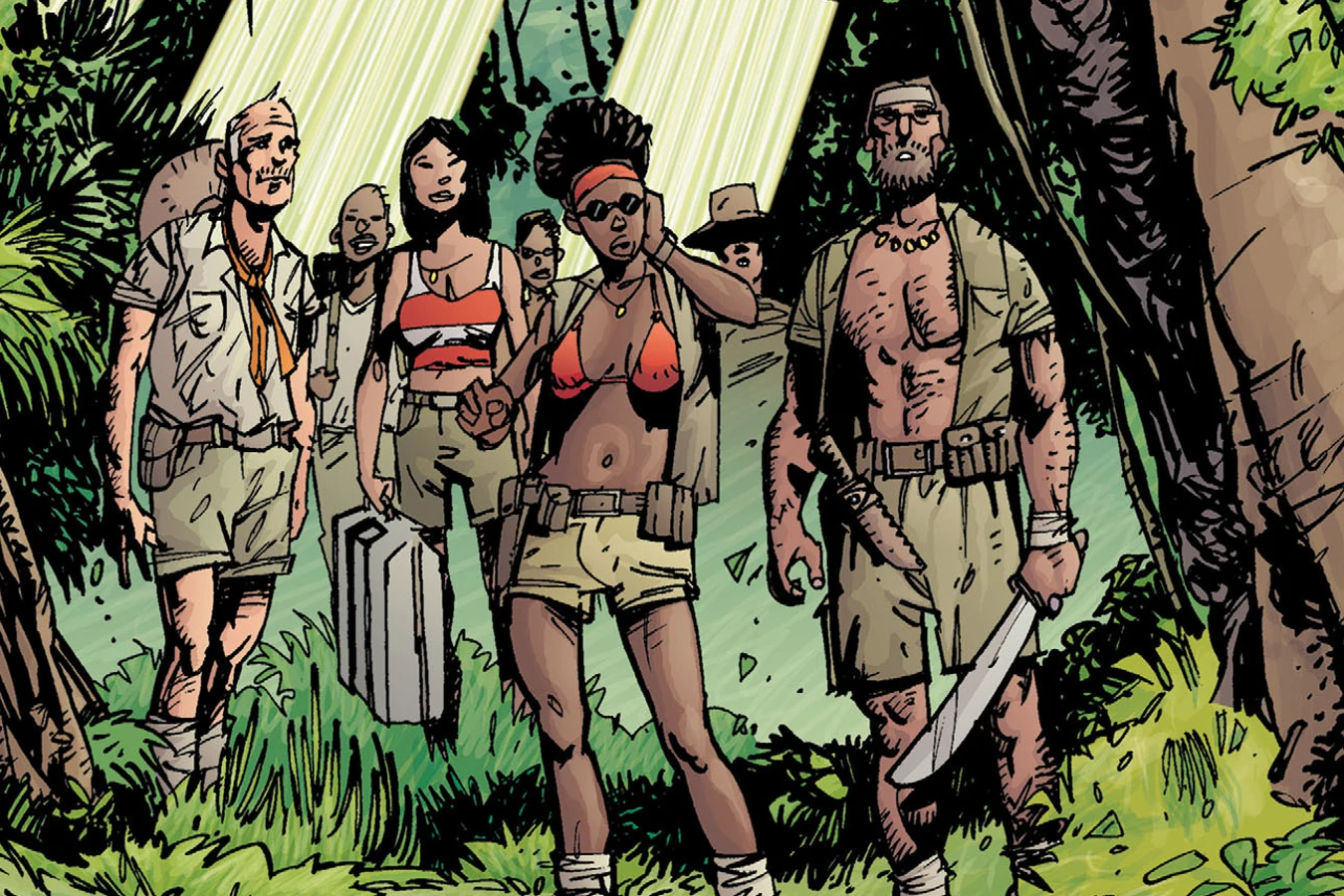 The S.T.A.R. Labs expedition and their guide Machu walking through the jungle in Superman vs. Predator