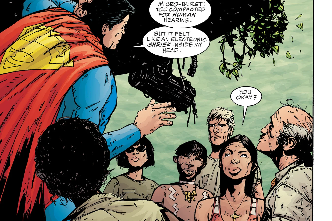 Superman holding the alien device after its micro-burst, as the S.T.A.R. Labs expedition looks up at him in Superman vs. Predator