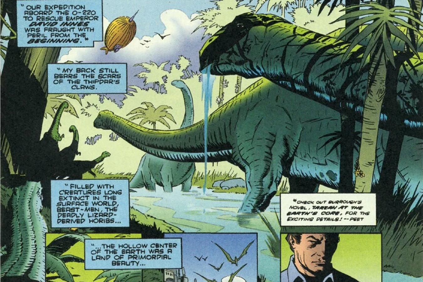 The airship O-220 flying over sauropods in Pellucidar, in a flashback to the expedition that went to rescue David Innes