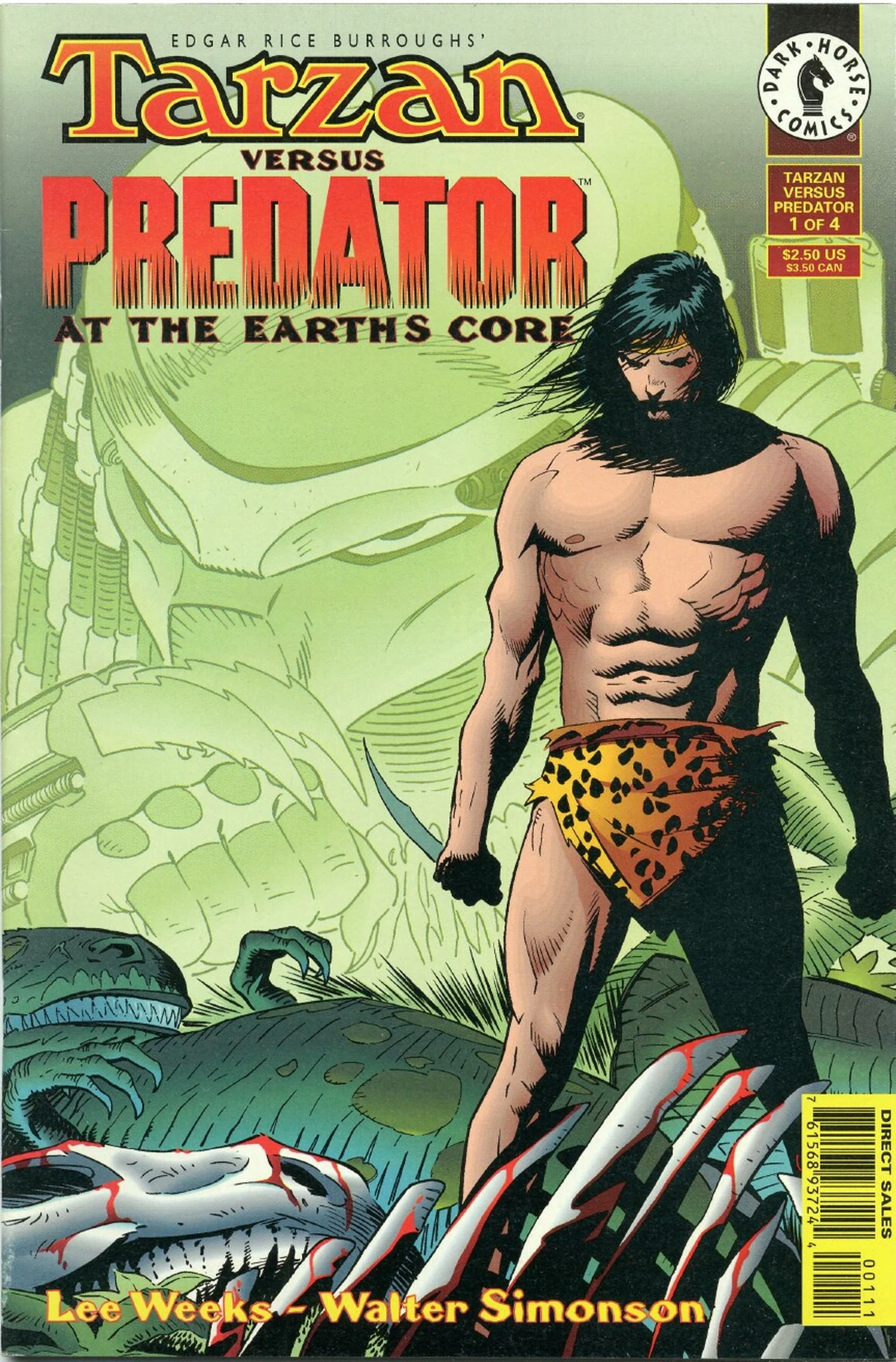 Lee Weeks's cover for Tarzan vs. Predator at the Earth's Core #1, Tarzan with a knife over a dead dinosaur and a Predator's face behind him