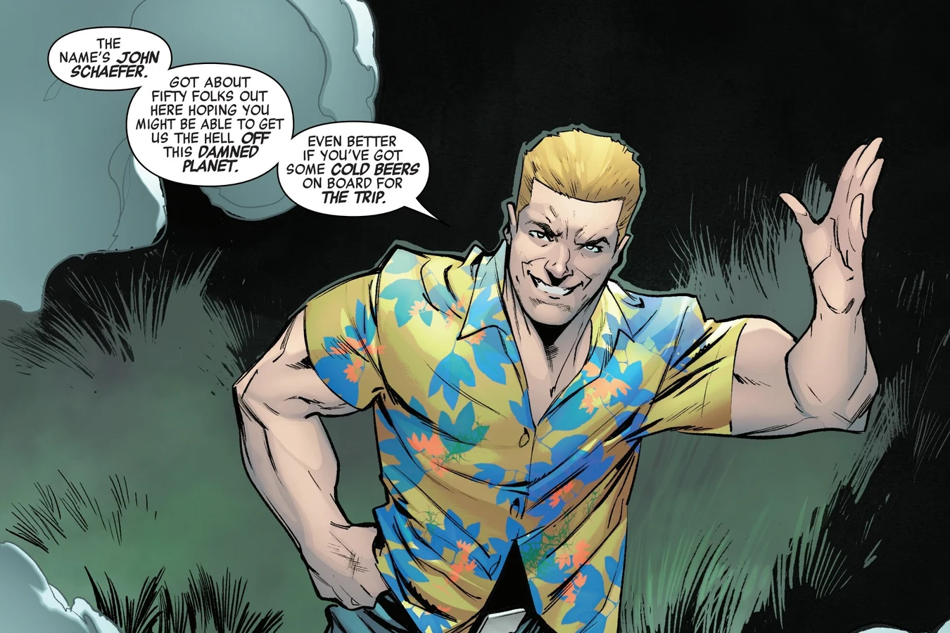 John Schaefer in a Hawaiian shirt waves and grins as he arrives at the Sandpiper in Predator: The Last Hunt