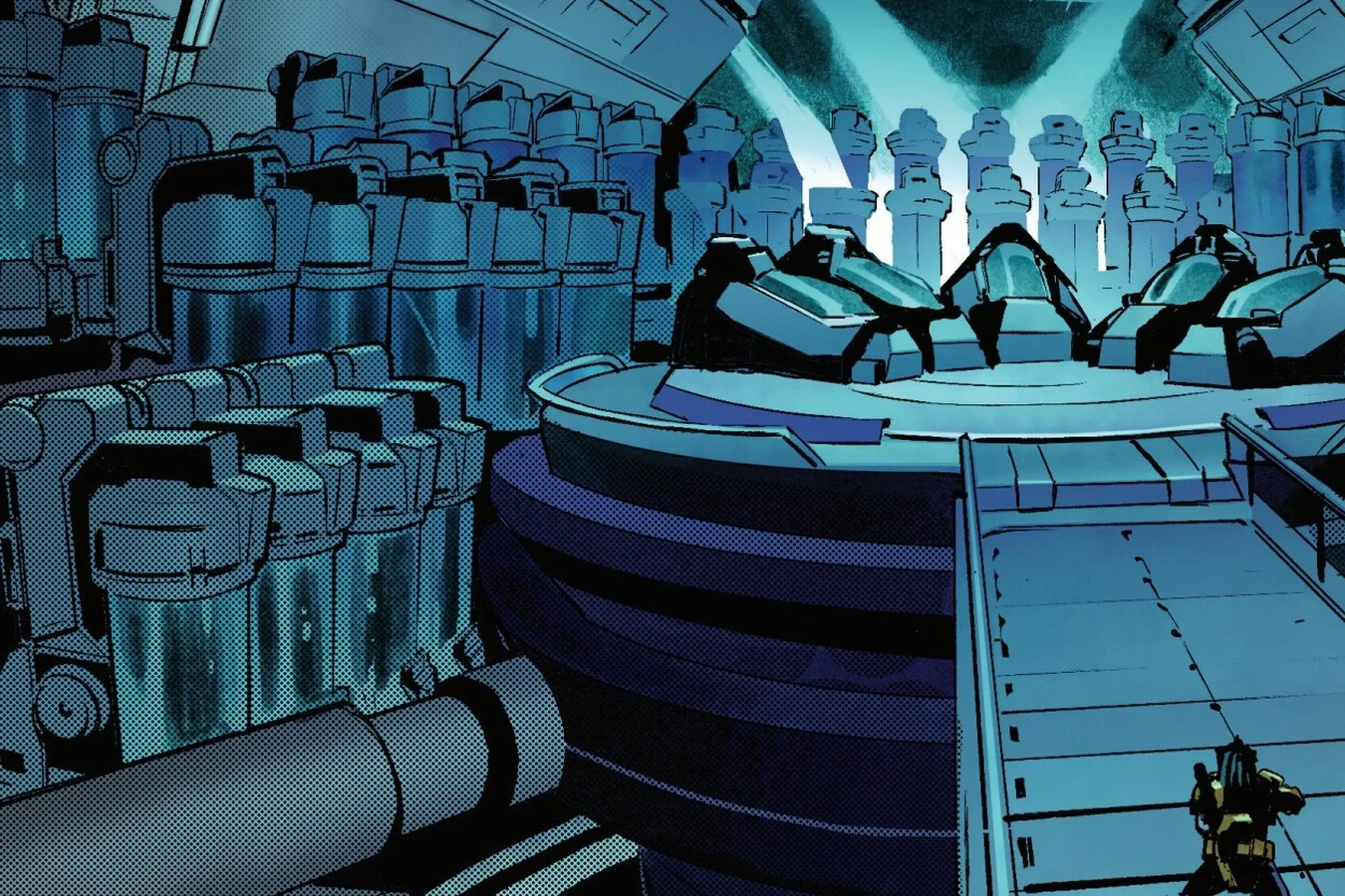 A vast hall of Predator stasis chambers around a central platform aboard the wrecked supply ship on Mabou in Predator: The Last Hunt