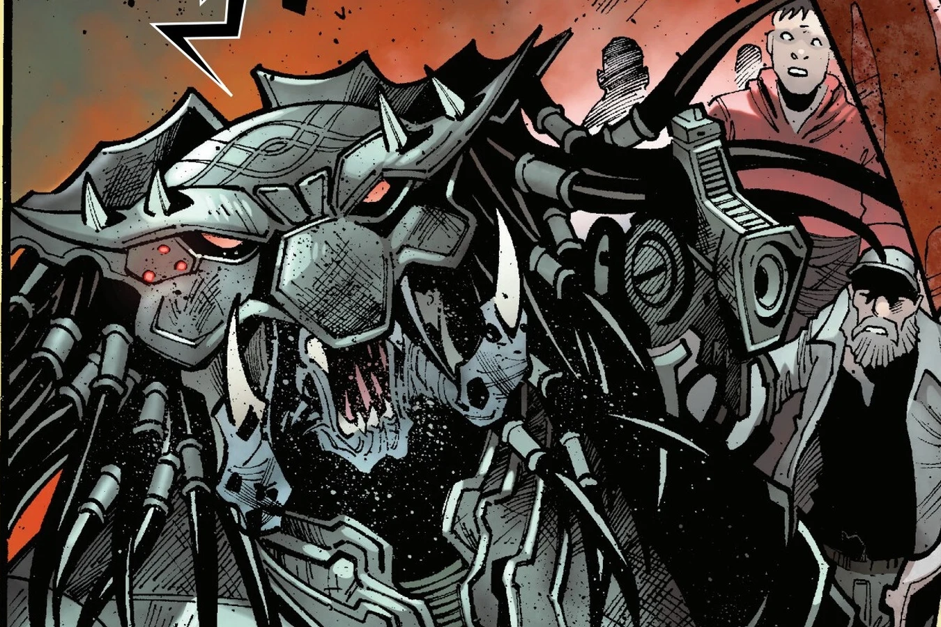 A Predator in heavy spiked armor roars over the bodies of the volunteers it killed on Glenelg in Predator: The Last Hunt