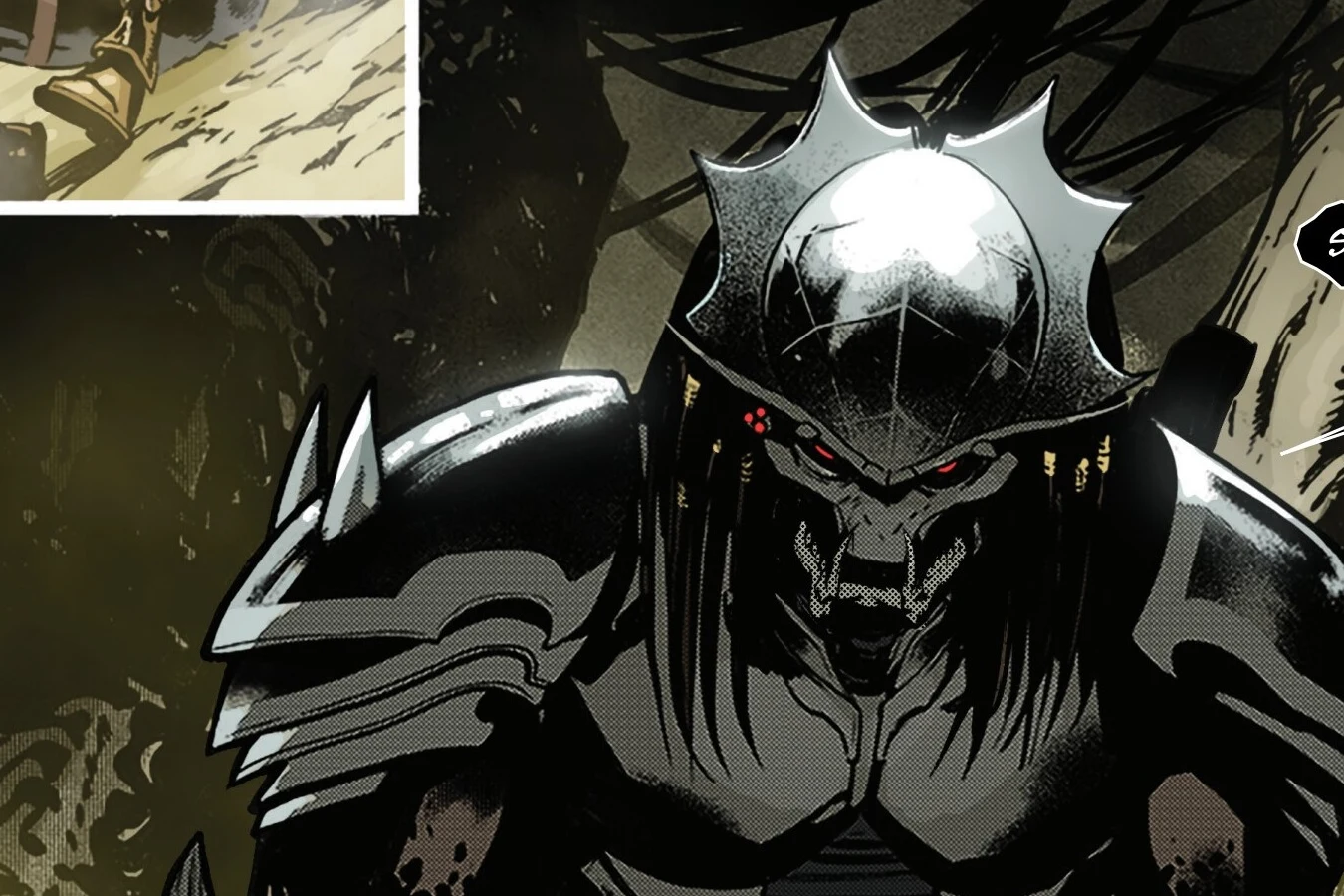 The Super Predator in its spiked silver helmet with red eyes stalks toward Theta on the unknown planet in Predator: The Last Hunt