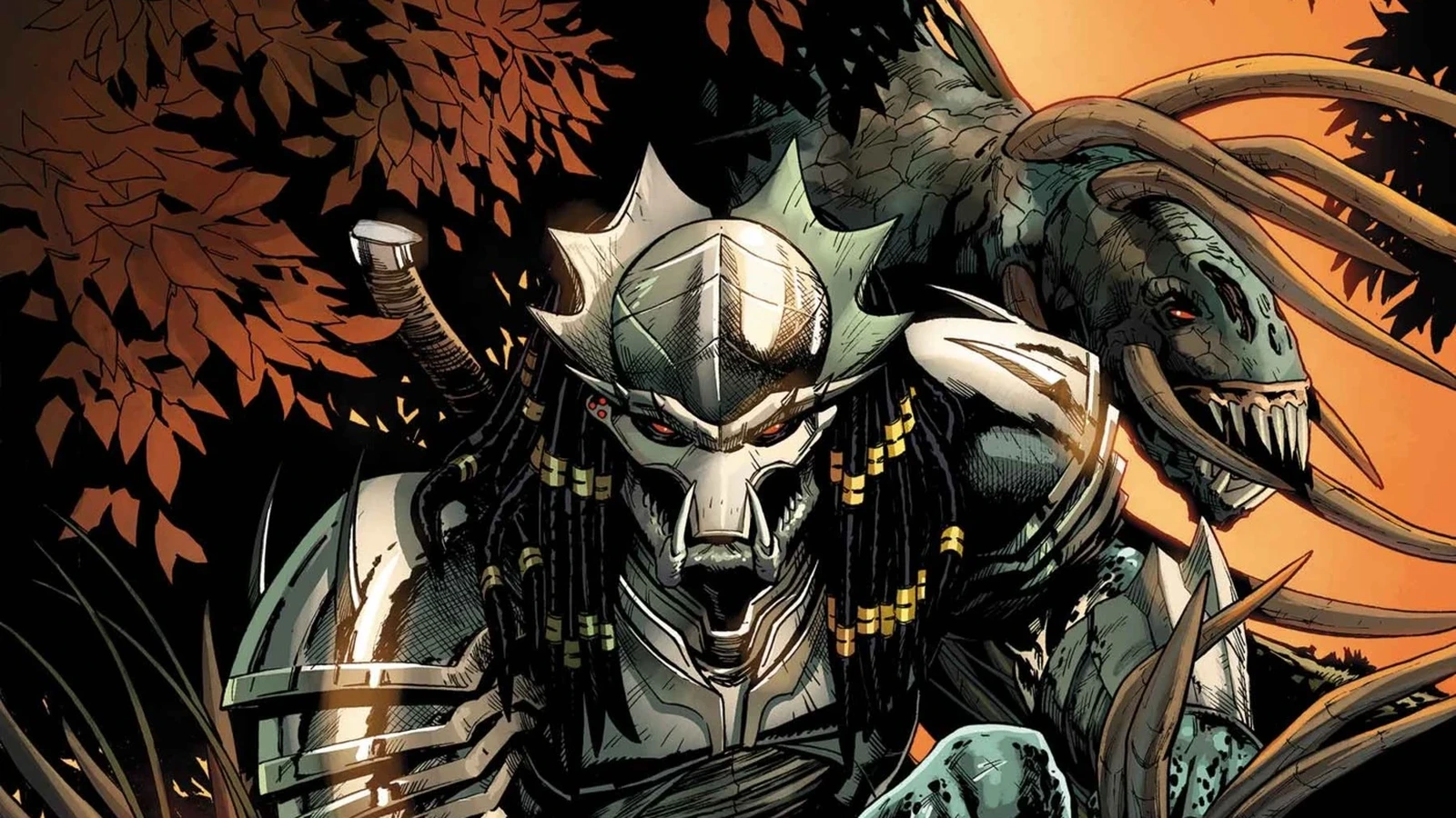 A silver-armored Predator crouches beneath autumn leaves beside a Hell Hound on the Predator #1 cover by Cory Smith