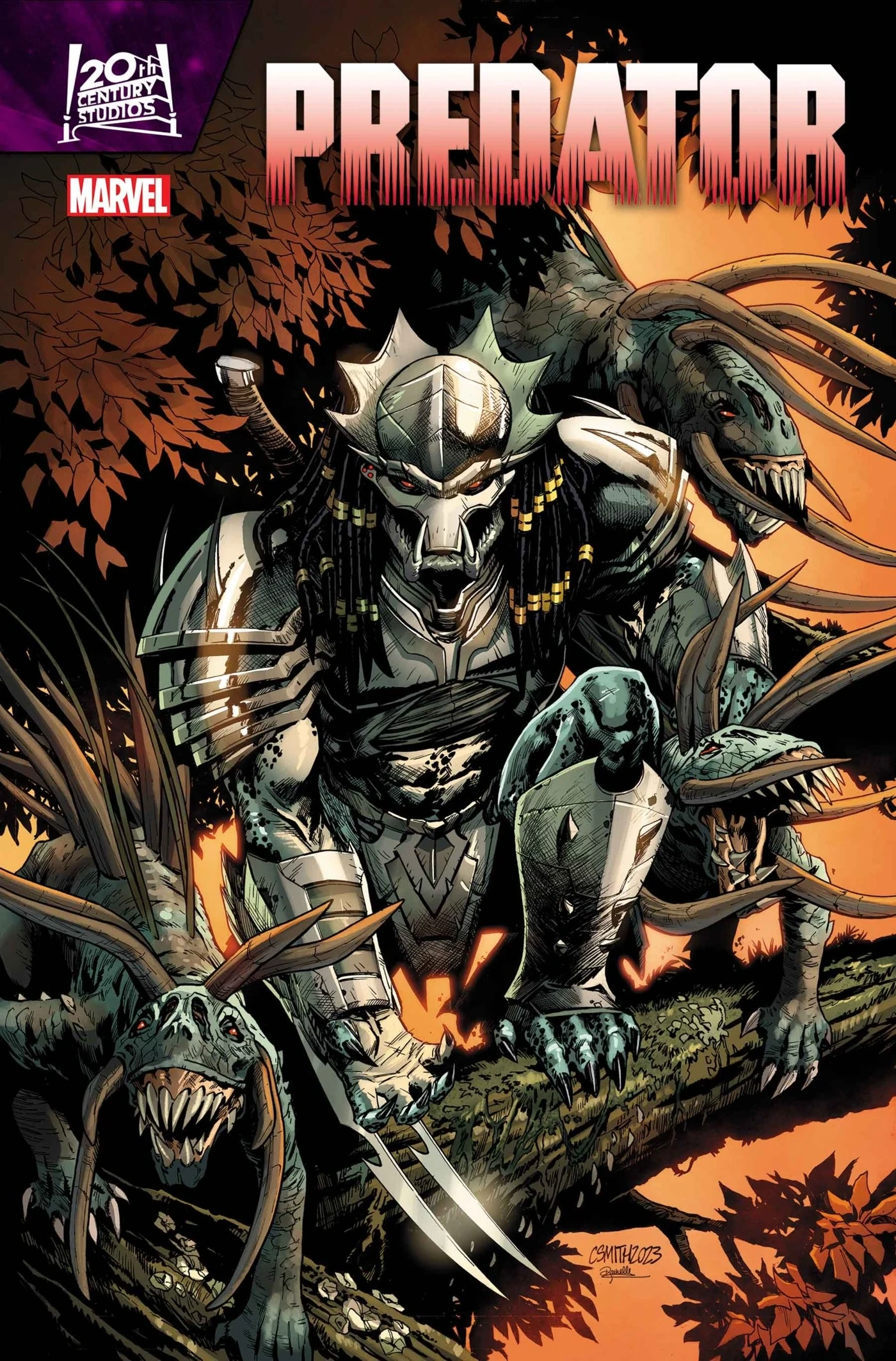 Cover of Predator #1 by Cory Smith, with a silver-armored Predator crouching on a branch between two Hell Hounds