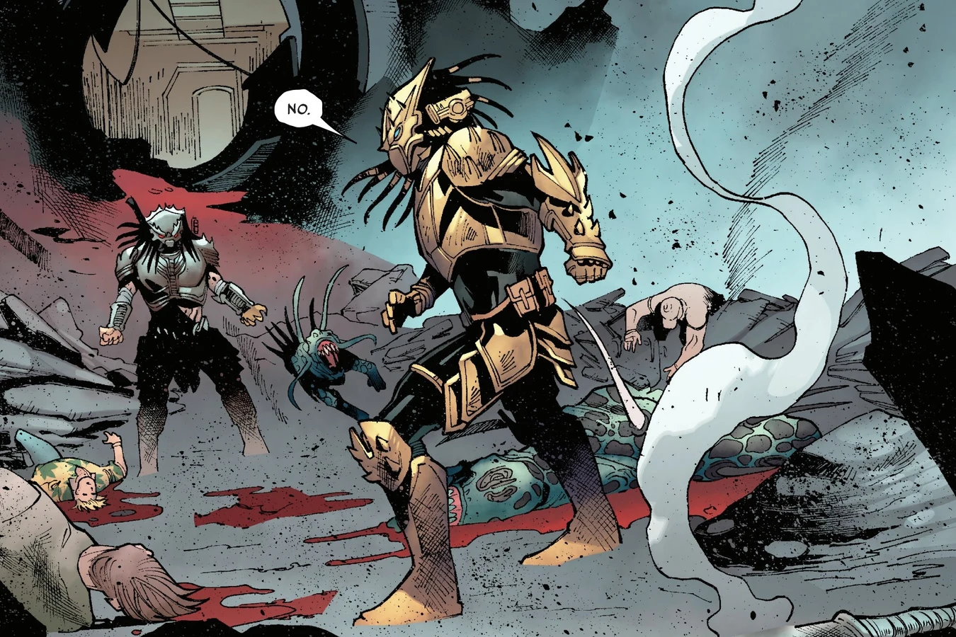 Theta in gold Predator armor stands over the bodies as the silver Super Predator says no behind her on Glenelg in Predator: The Last Hunt