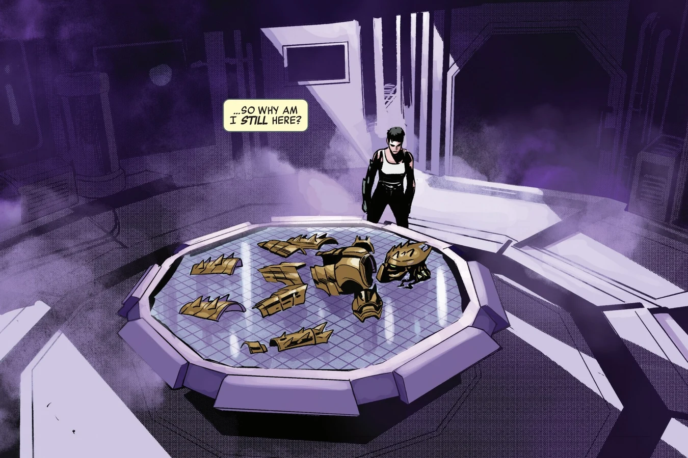 Theta stands beside the shattered gold armor laid out on a round platform aboard the Predator ship in Predator: The Last Hunt
