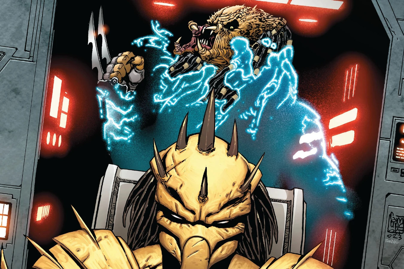 A Predator in spiked gold armor at the controls of a ship while a cloaked Predator rises behind it on the Predator #4 cover by Giuseppe Camuncoli