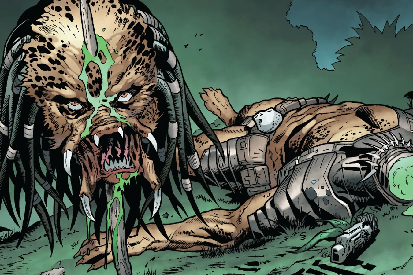 An unmasked Predator lies dead with green blood running down its face in Predator: The Preserve