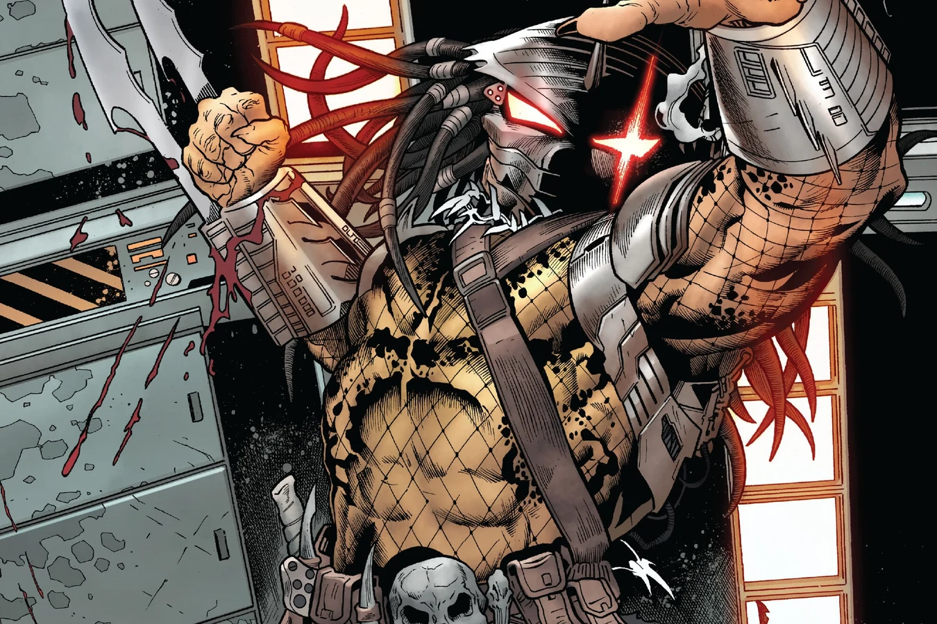 A Predator with glowing red eyes lunges with bloodied wrist blades inside the Sandpiper in Predator: The Preserve