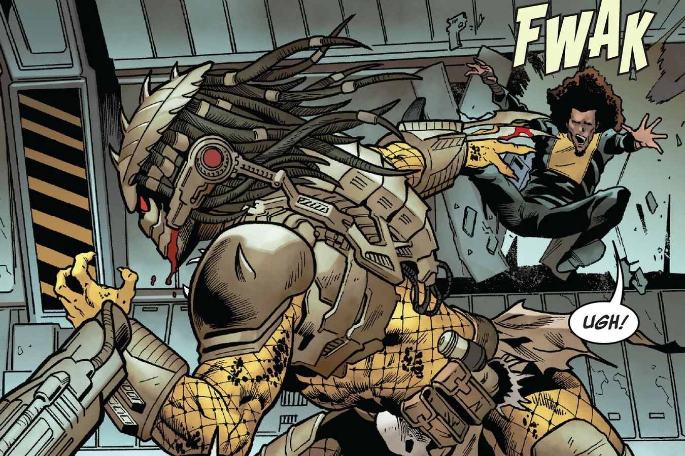 A bleeding Predator hurls Paolo Silva across a corridor of the Sandpiper in Predator: The Preserve