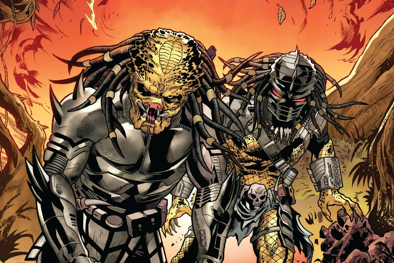 Two Predators stride out of the burning jungle after a self-destruct blast in Predator: The Preserve