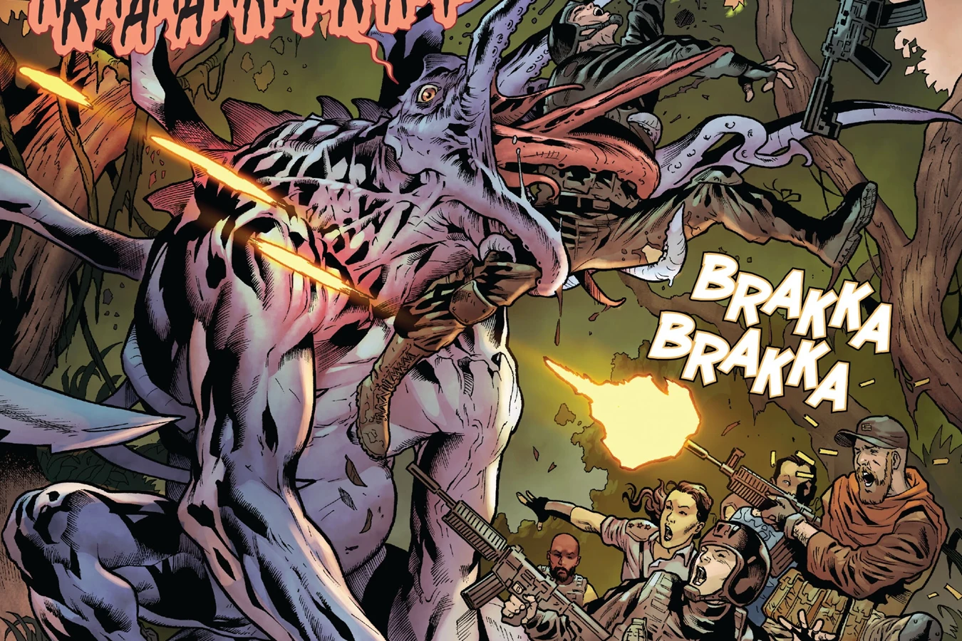A purple tentacled beast attacks the soldiers as they open fire in the jungle in Predator: The Preserve