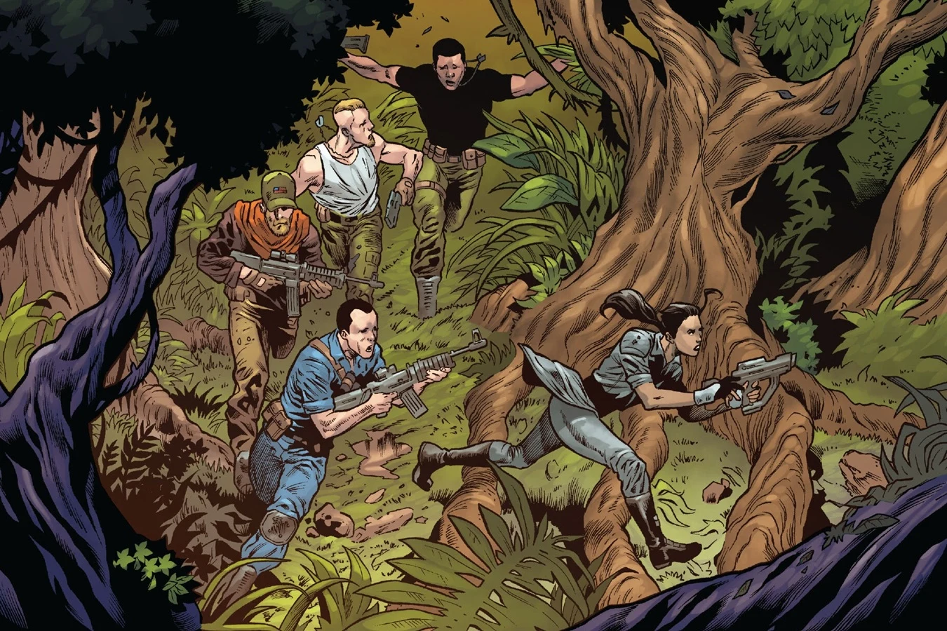 Soldiers run through the jungle with rifles after landing on the preserve in Predator: The Preserve