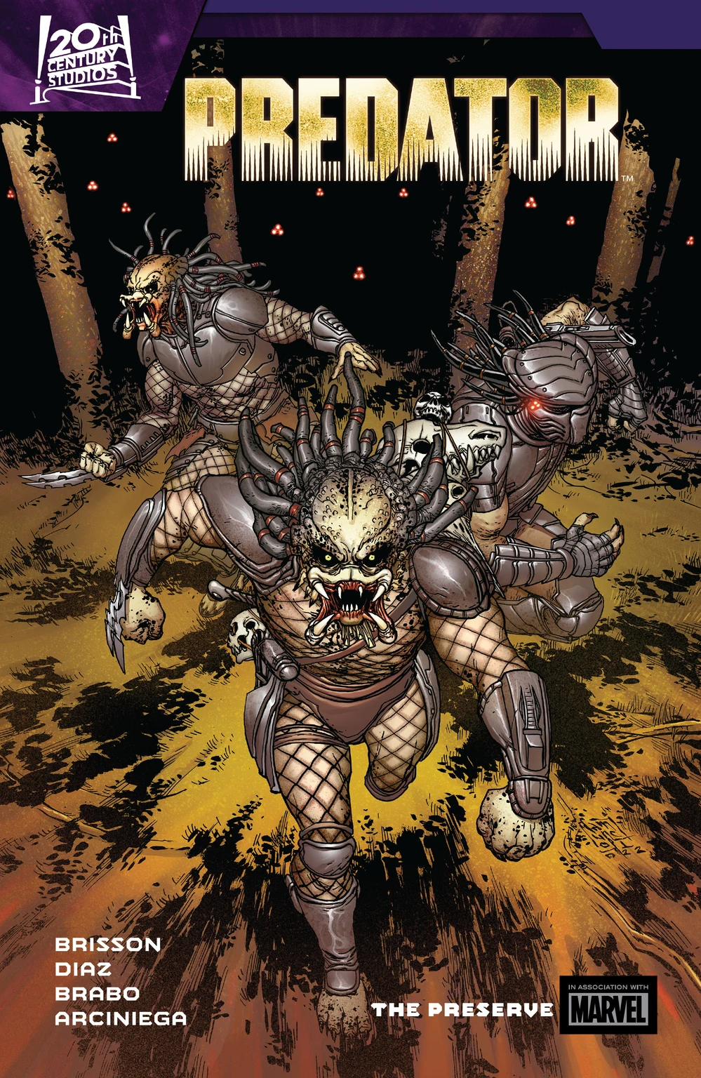 Cover of the Predator: The Preserve collection, with three armored Predators charging through a dark jungle