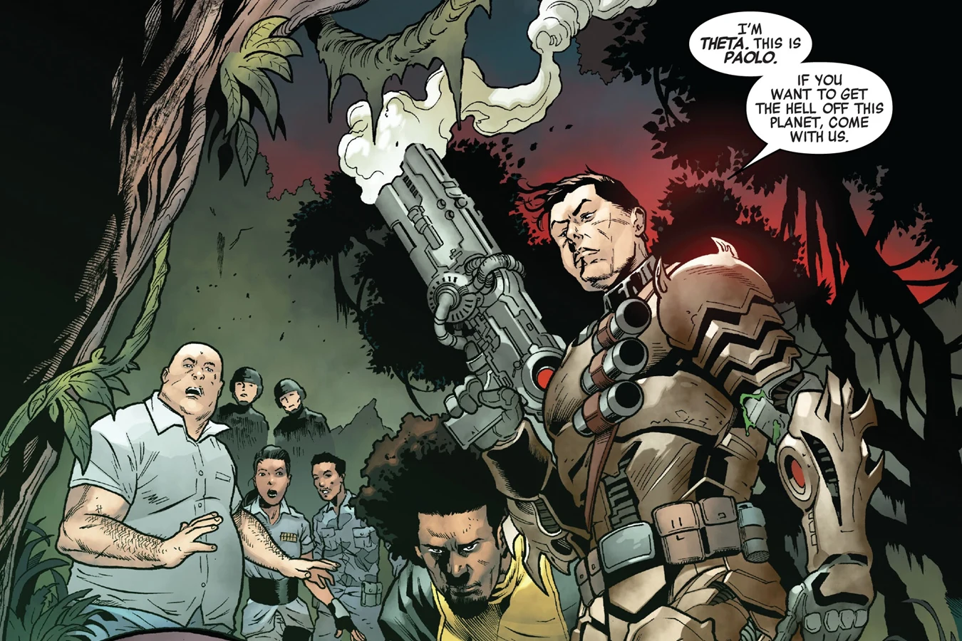 Theta Berwick in Predator armor introduces herself and Paolo to the stranded soldiers in Predator: The Preserve