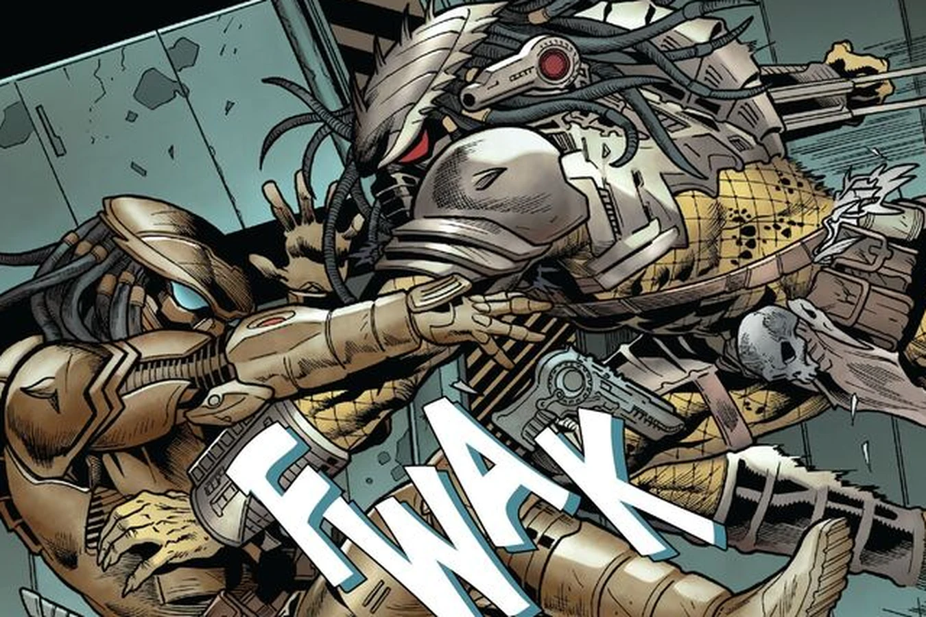 Theta in Predator armor wrestles the boarding Predator inside the Sandpiper in Predator: The Preserve