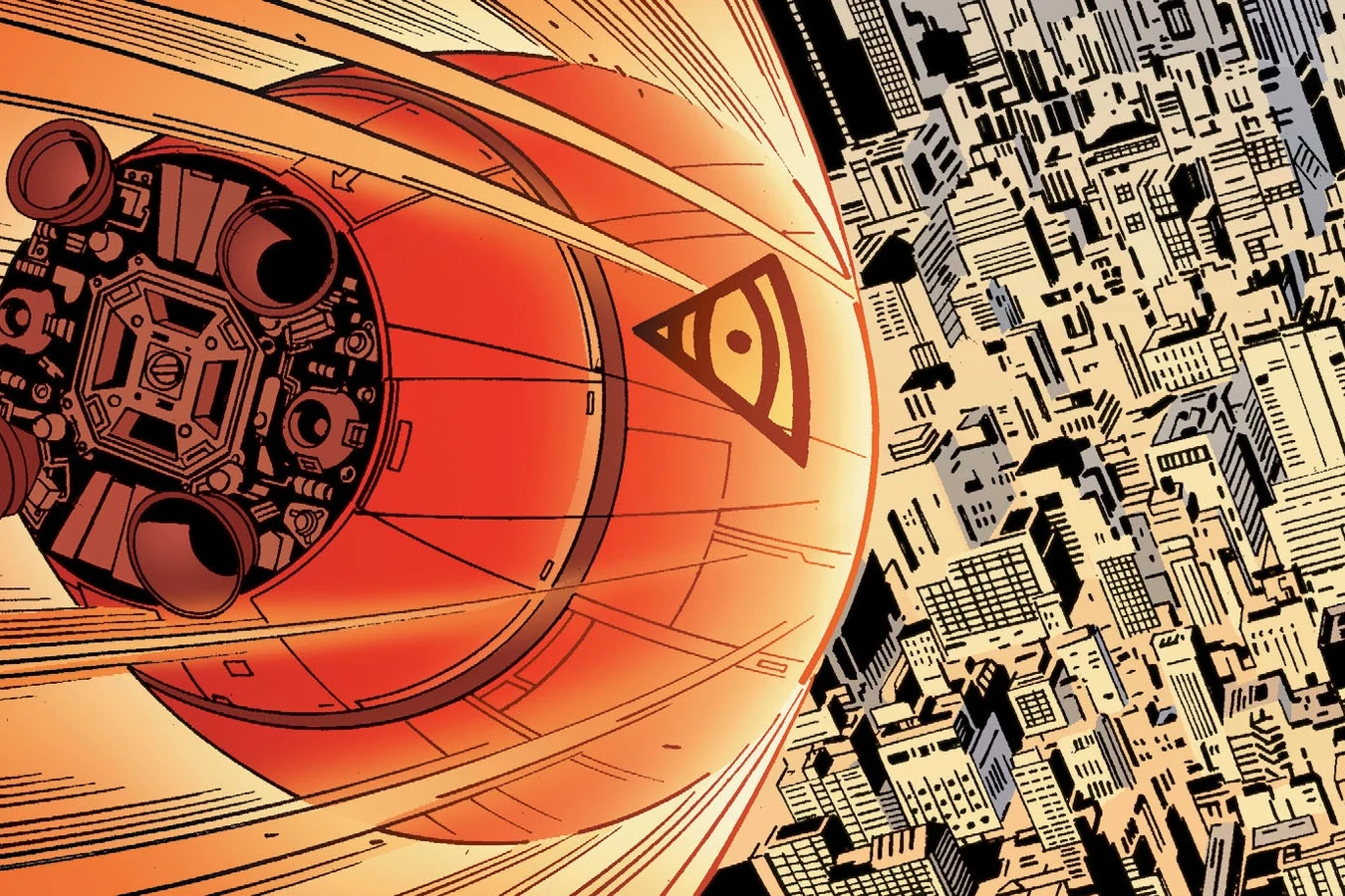 A burning Skywatch escape module marked with the Stormwatch eye plunging between the skyscrapers of Manhattan
