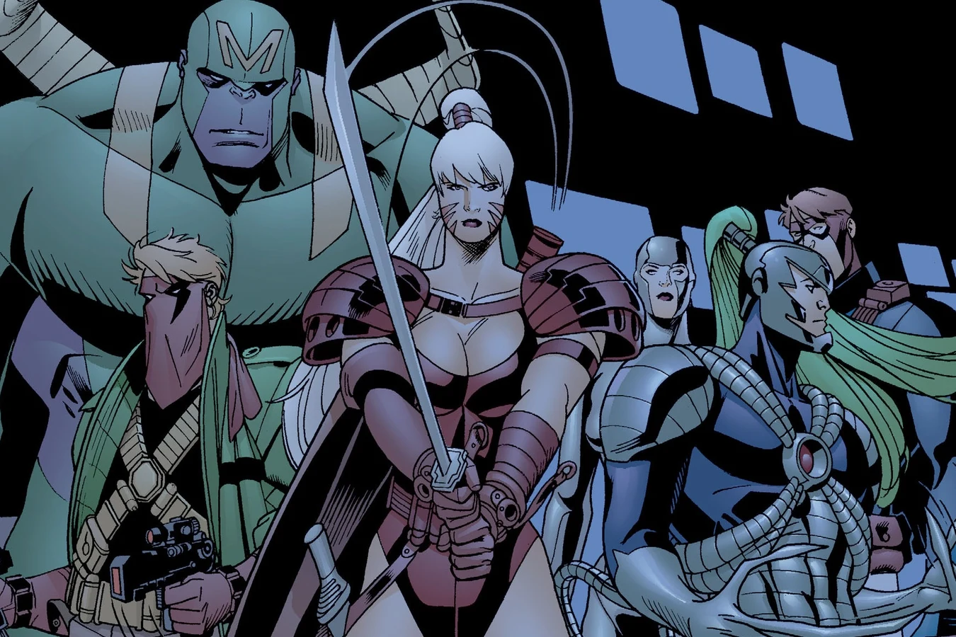 Spartan, Grifter, Zealot, Warblade, Maul, and Void standing together as the WildC.A.T.s reunited